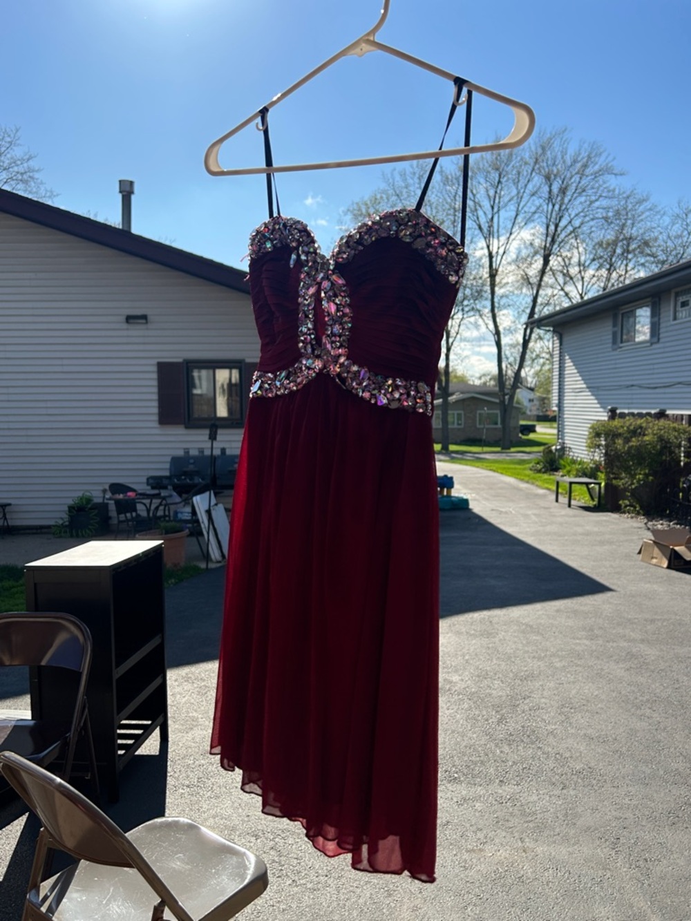 La Femme Burgundy Strapless Beaded Cocktail Dress